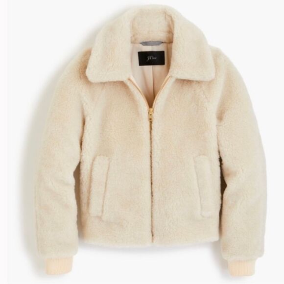 J. Crew Women's S Cream Fleece Teddy Bomber Jacket AB877 Winter Coat - Picture 1 of 9